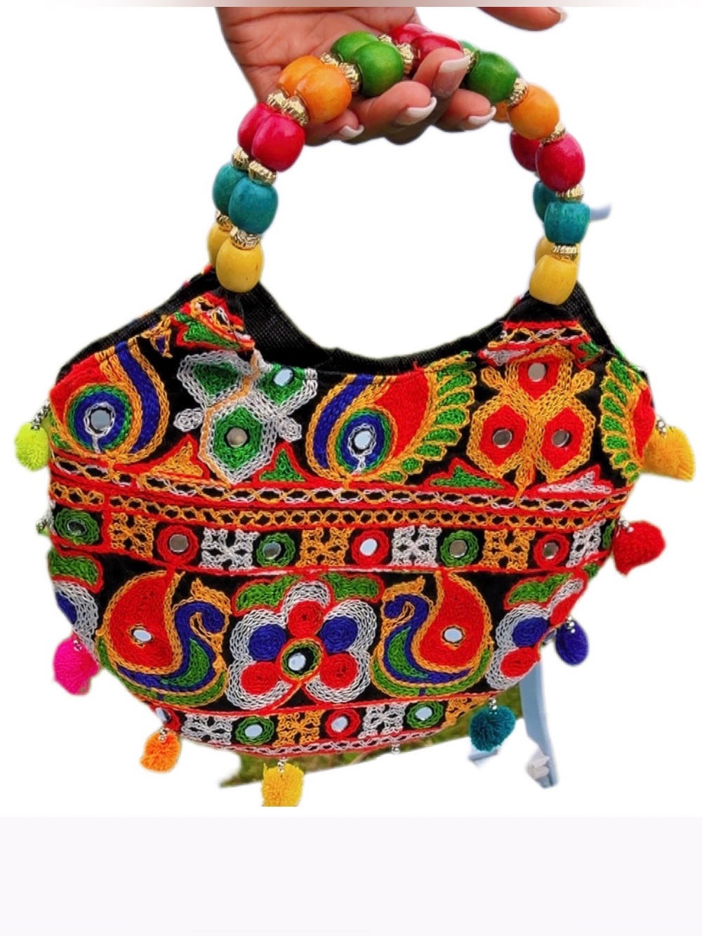 Colorful Boho Embroidered Satchel Bag Beaded Handle Tassel Purse